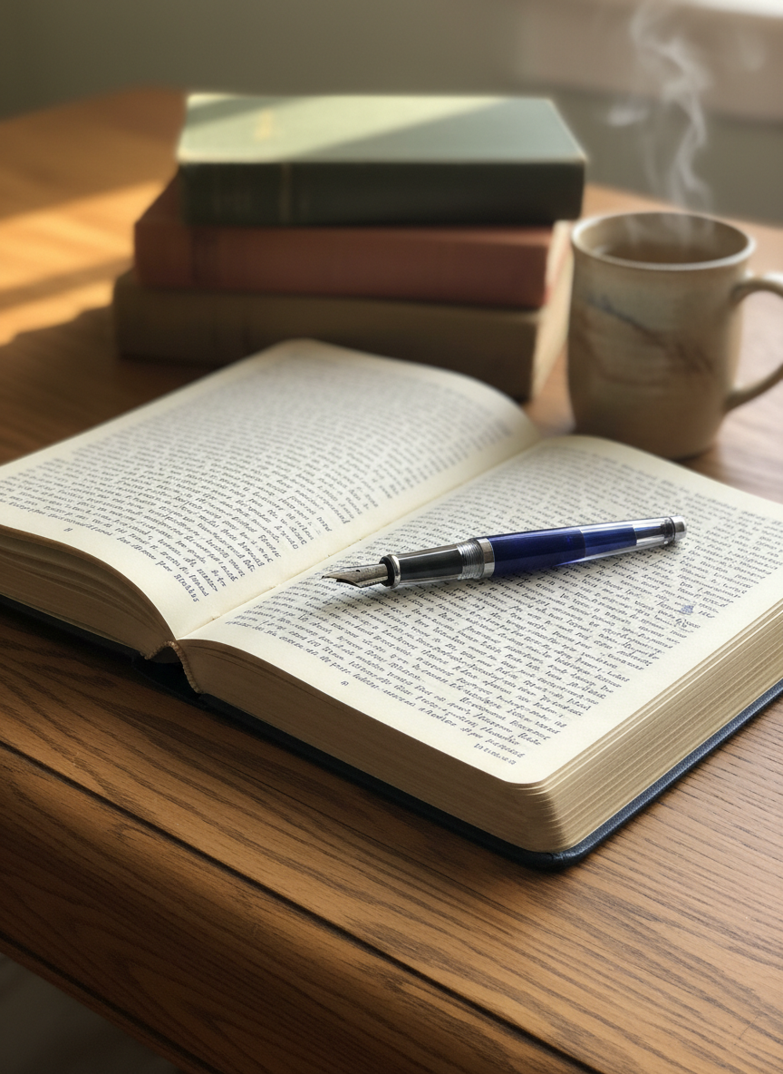 A well-worn navy blue hardcover journal lies open on an oak desk, its creamy pages filled with neat lines of dark blue ink flowing across the paper. A slim fountain pen with a translucent sapphire barrel rests diagonally across the center, a tiny glint of ink at the nib. Behind it, a softly blurred stack of classic clothbound books in muted earth tones leans against a ceramic mug of herbal tea. Late afternoon light filters through an unseen window, casting gentle, elongated shadows and warm highlights on the grain of the wood. Photographic realism, eye-level composition with a shallow depth of field creates a calm, contemplative mood, perfect for faith reflections and quiet writing.