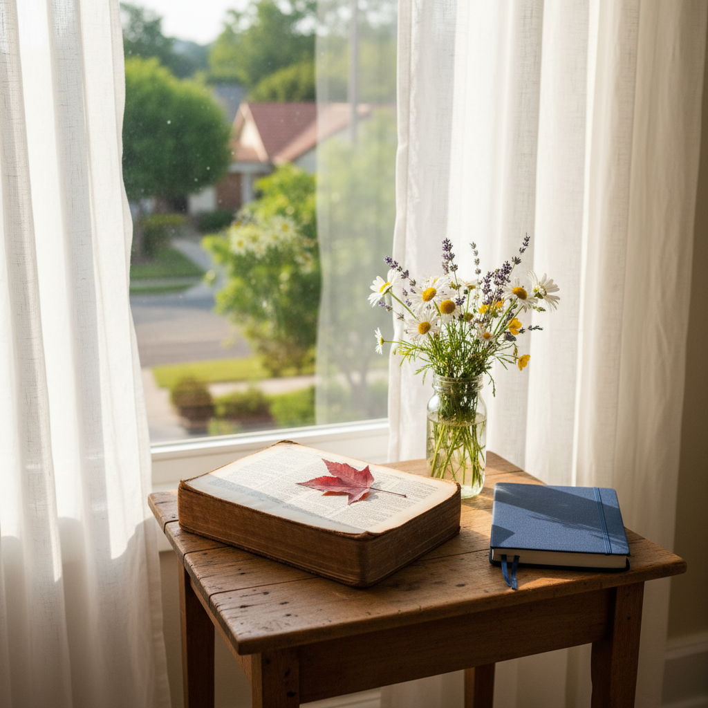 A small wooden side table beside a window holds an open leather Bible, its thin, slightly curled pages edged in gold, a single pressed autumn leaf marking a passage. Beside it sits a simple glass jar filled with wildflowers and a navy notebook, its cover soft and slightly textured. Soft morning sunlight pours through sheer white curtains, illuminating the delicate type and creating a peaceful glow. Outside the window, blurred greenery and a hint of distant rooftops suggest ordinary neighborhood life. Shot from a slightly elevated angle in photographic realism, with warm, inviting tones and a tranquil, reflective atmosphere that suggests unhurried time with Scripture and quiet observation.