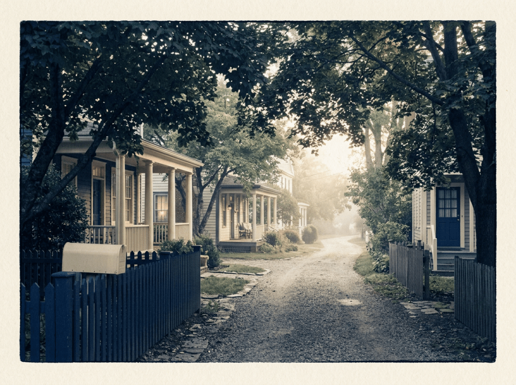 Tree-lined residential lane with porched houses and warm morning sunlight