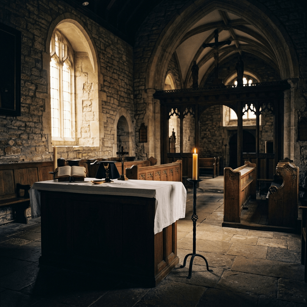 Candlelit altar inside a historic stone chapel