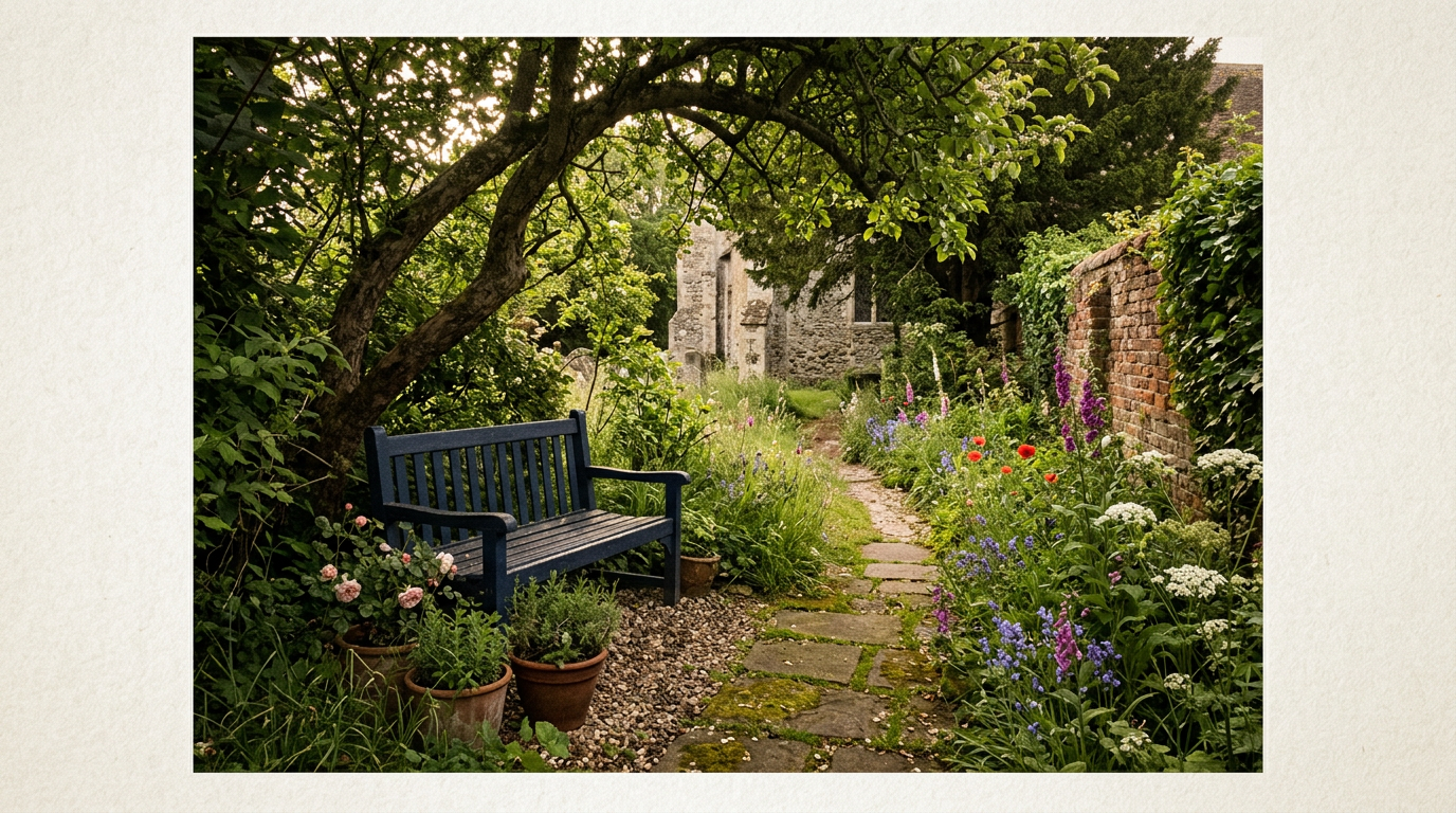 Bench and flower-lined path leading to a historic stone chapel
